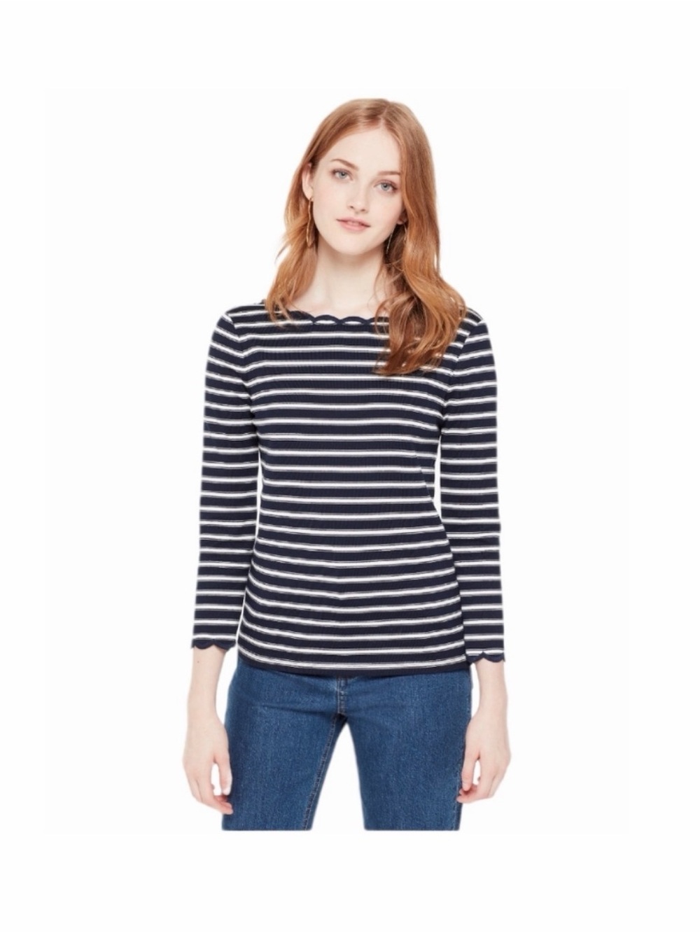 Never Worn-Kate Spade New York Navy White Striped Scallop Neck Cotton Top Size S